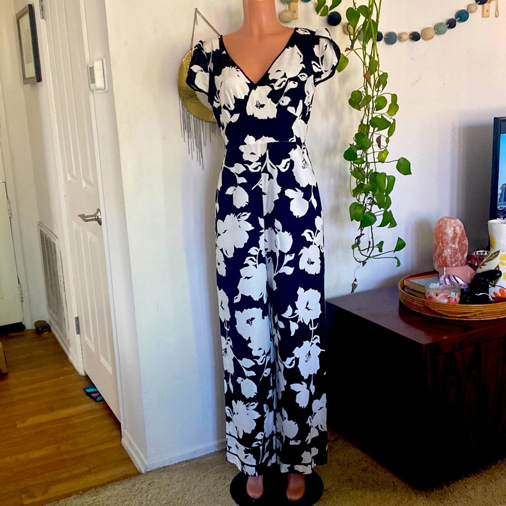 Anthropologie black white large floral print jumpsuit